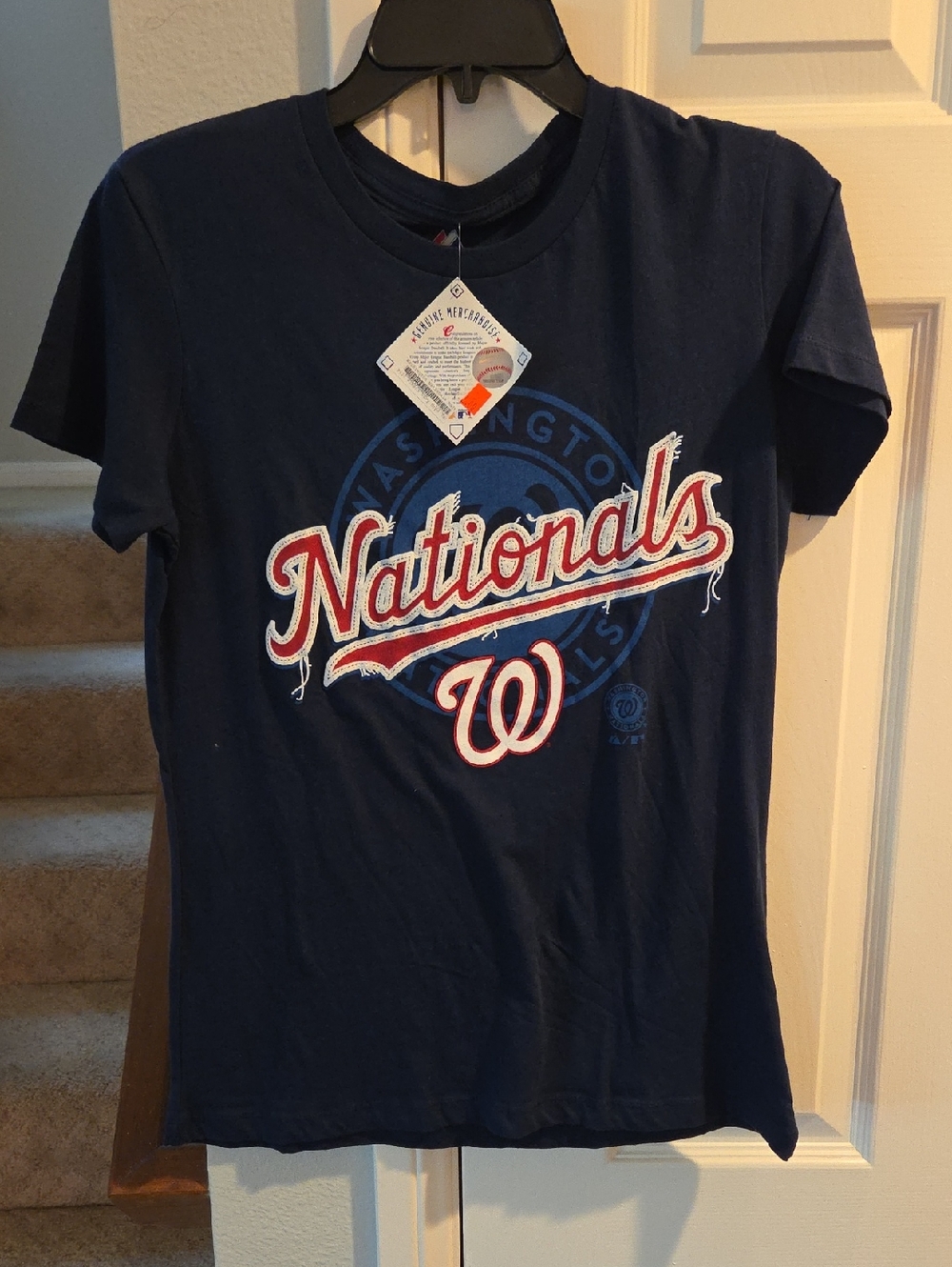 New MLB Baseball Washington Navy Blue Nationals Large Womens Script Logo Tee